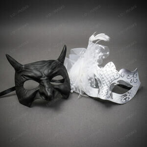 Black Horned Demon Mask & Silver White Tulle Glitter Masquerade Couple Mask Set